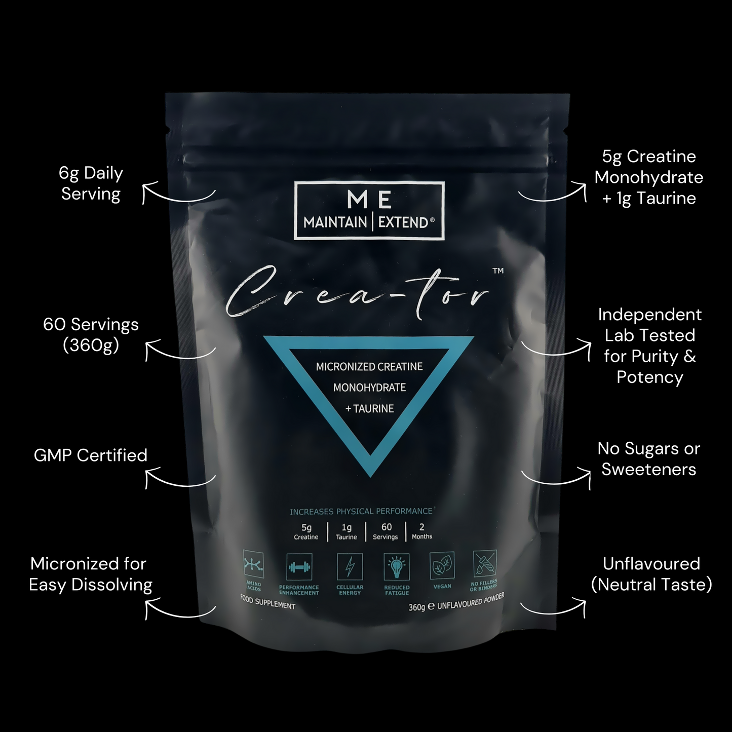 Crea-tor™ Creatine and Taurine supplement: 6g daily serving, 60 servings per pouch, unflavoured, GMP certified, lab tested, no sugars or sweeteners.