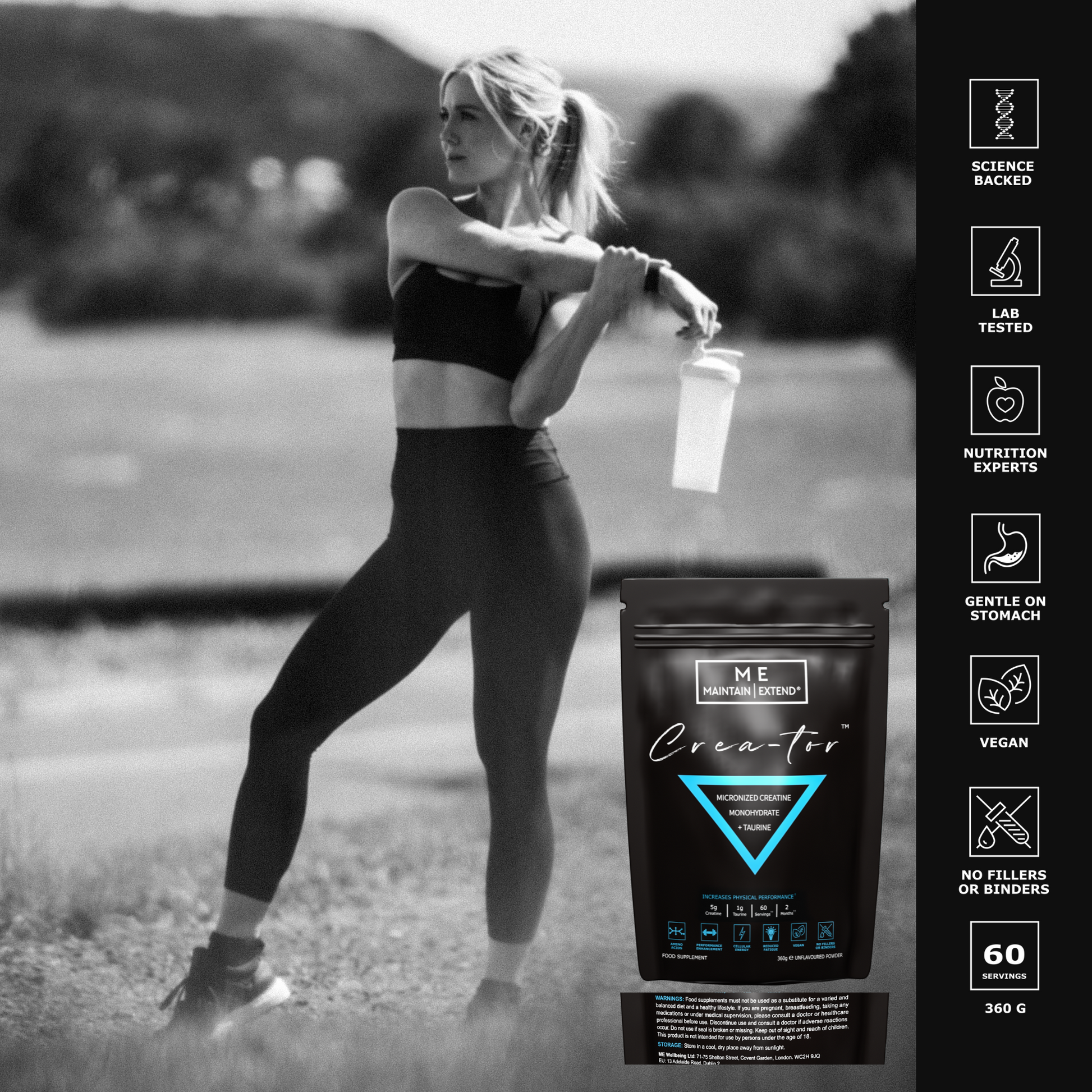 Fit woman holding Crea-tor™ creatine monohydrate and taurine powder, promoting performance, strength, recovery, and endurance support.