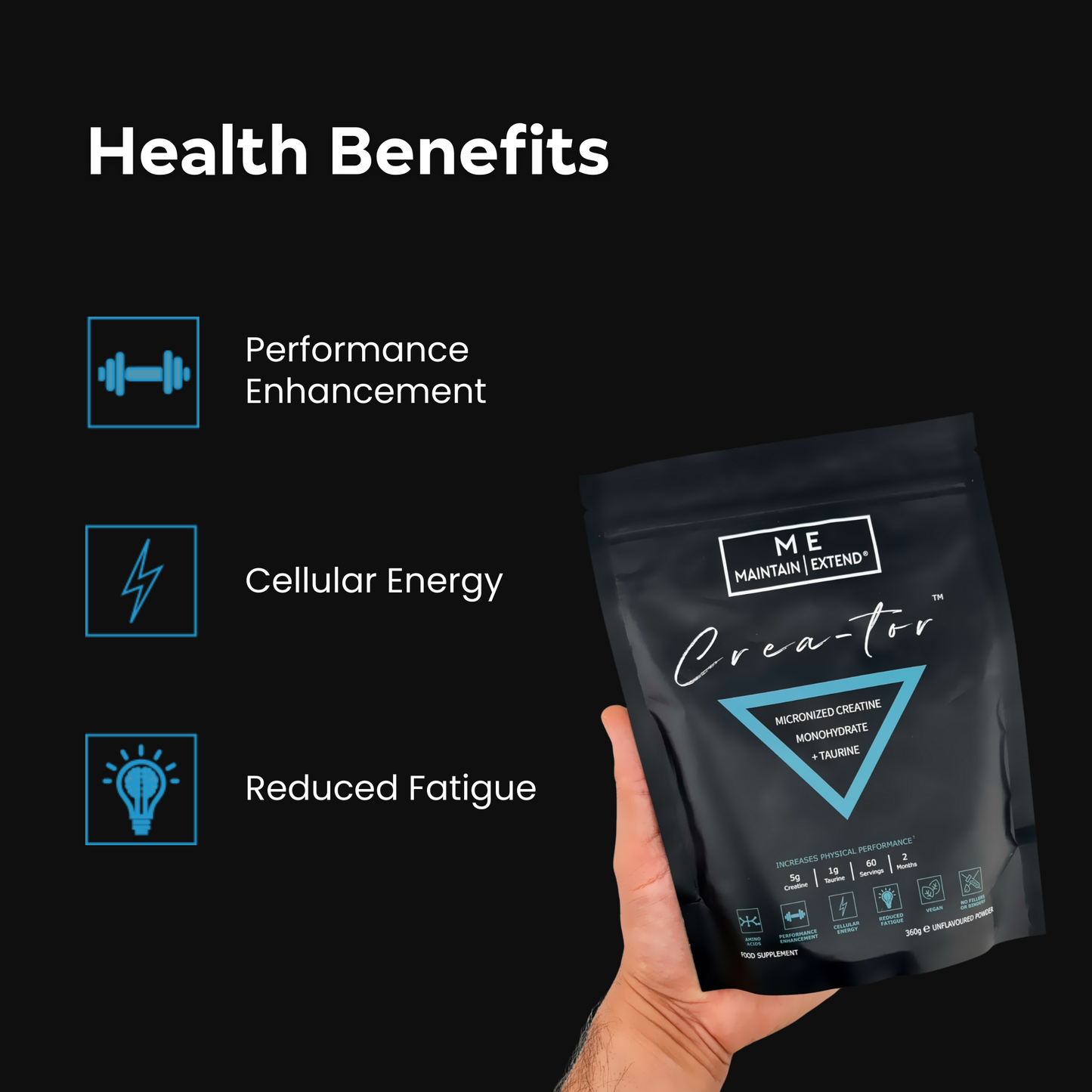 Health benefits of Crea-tor™ creatine taurine powder for improved performance, energy, reduced fatigue, and muscle recovery.