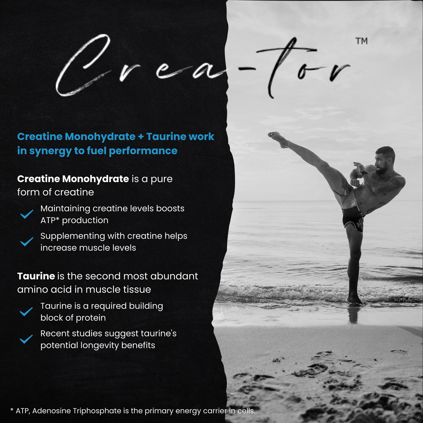 Crea-tor™ creatine taurine supplement for energy, strength, and recovery, shown with a flexible man kickboxing on the beach.