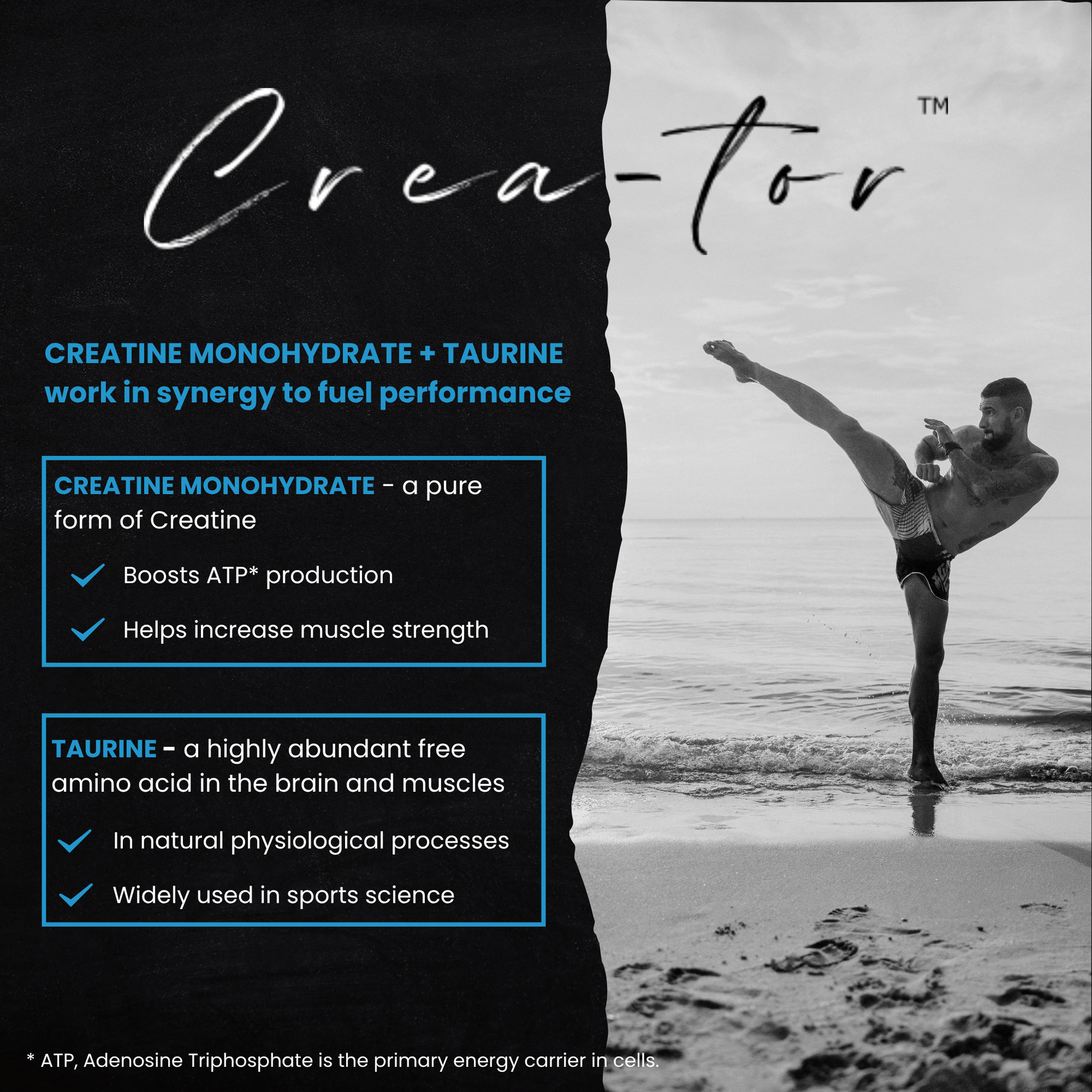 Crea-tor™ creatine taurine supplement for energy, strength, and recovery, shown with a flexible man kickboxing on the beach.