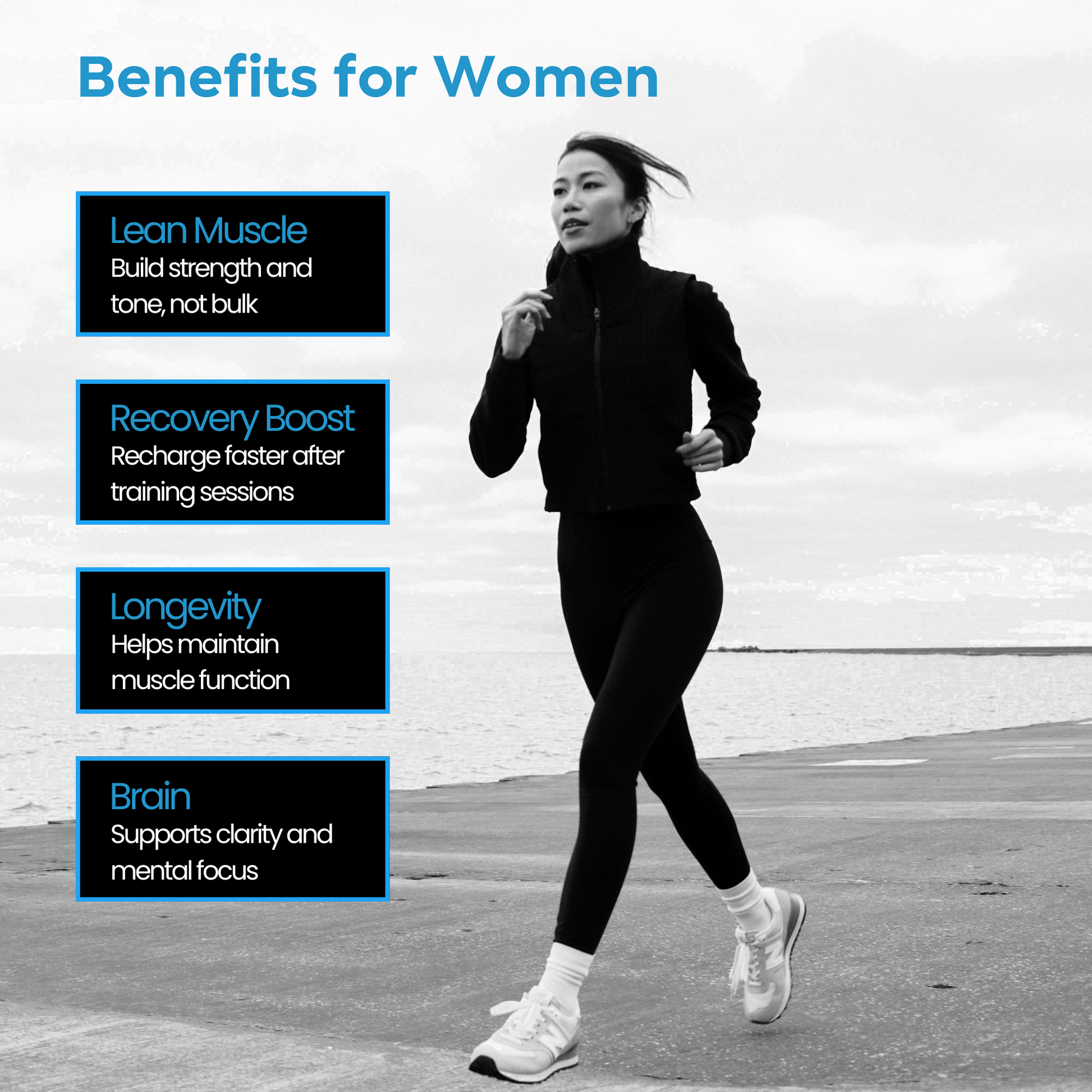 Woman running after taking Crea-tor™ Creatine and Taurine, benefits include enhancing muscle tone, recovery, cognitive function and energy, while supporting menopause.