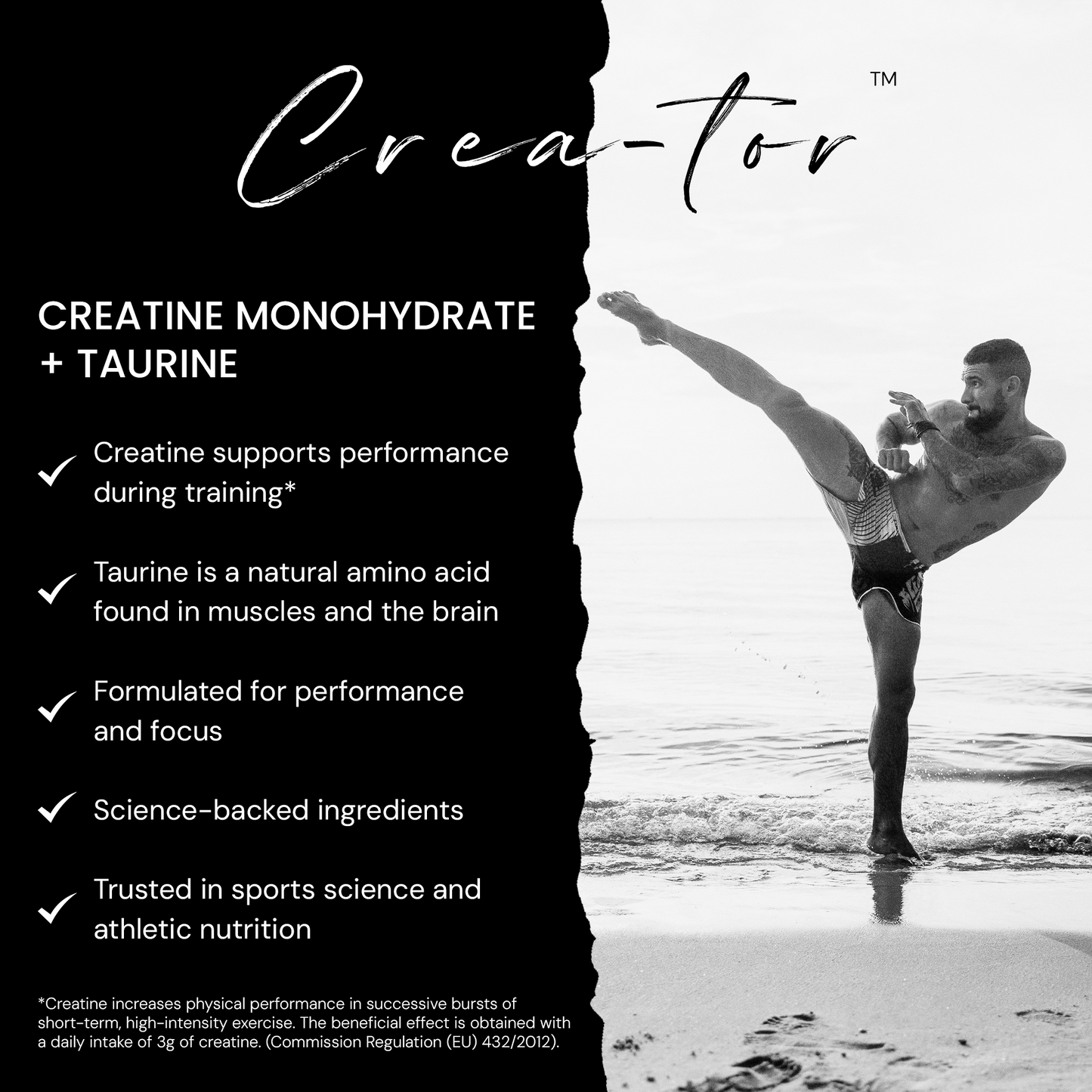 Crea-tor™ creatine taurine supplement for energy, strength, and recovery, shown with a flexible man kickboxing on the beach.