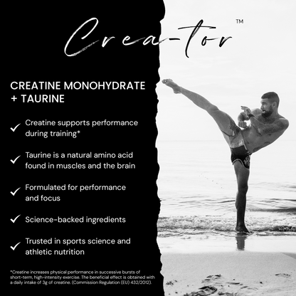 Crea-tor™ creatine taurine supplement for energy, strength, and recovery, shown with a flexible man kickboxing on the beach.