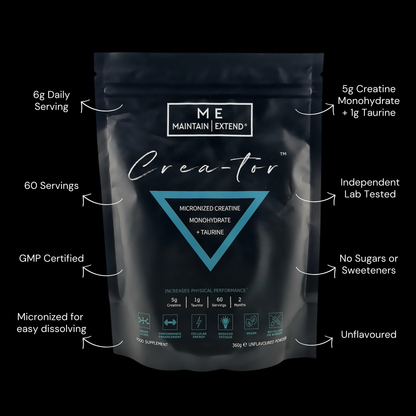 Crea-tor™ Creatine and Taurine supplement: 6g daily serving, 60 servings per pouch, unflavoured, GMP certified, lab tested, no sugars or sweeteners.