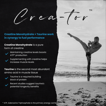 Crea-tor™ creatine taurine supplement for energy, strength, and recovery, shown with a flexible man kickboxing on the beach.