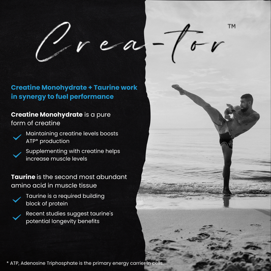 Crea-tor™ creatine taurine supplement for energy, strength, and recovery, shown with a flexible man kickboxing on the beach.