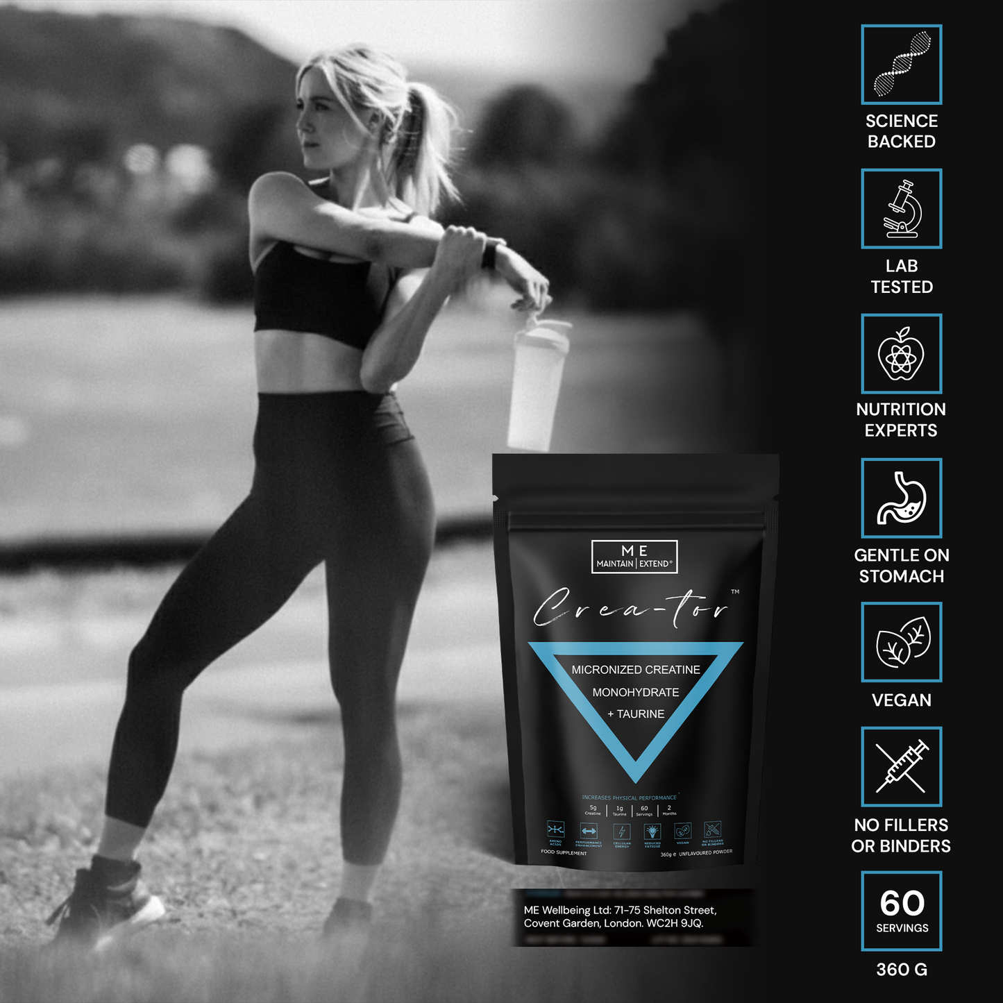 Woman taking Crea-tor™ creatine monohydrate powder with taurine, promoting performance, strength, recovery and endurance support.