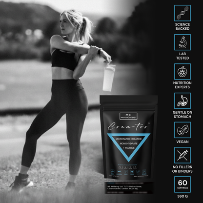 Woman taking Crea-tor™ creatine monohydrate powder with taurine, promoting performance, strength, recovery and endurance support.