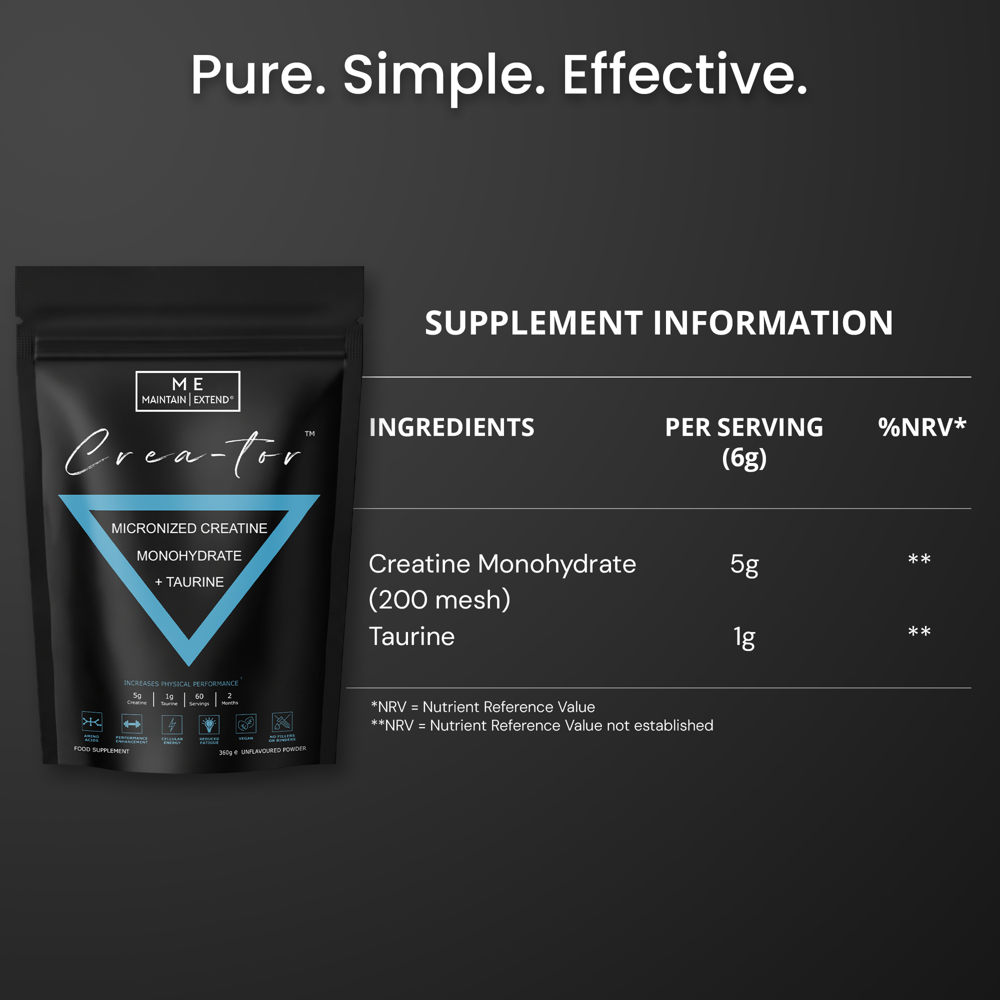 Crea-tor Creatine and Taurine Nutrition Information, 6g Daily Serving with 5g Creatine Monohydrate Powder and 1g Taurine, UK/EU Compliant.