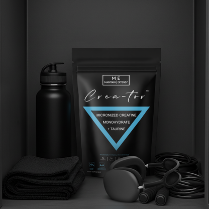 'Crea-tor' pouch with a water bottle, towel, skipping ropes, resistance bands with Apple AirPods Max headphones in a black locker. Ready to use in the gym, martial arts or for any sport.